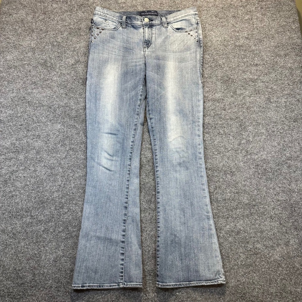 Rock & Republic Kasandra Bootcut Jeans Womens 12 M Light Blue Studded Edgy Y2K